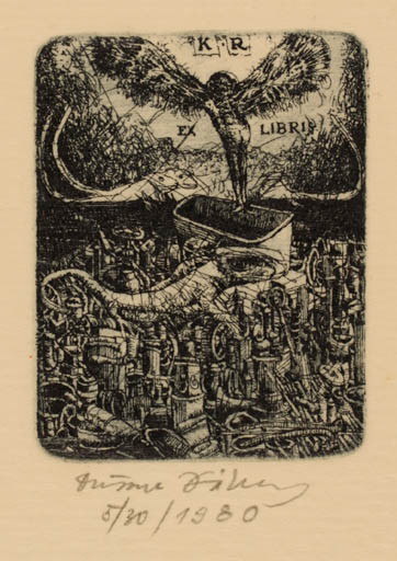 Exlibris by Dusan Kallay from Czechoslovakia for R. K. - Surrealism 