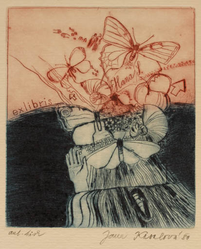 Exlibris by Jana Kasalova from Czech Republic for Hana S. - Hand(s) Butterfly 