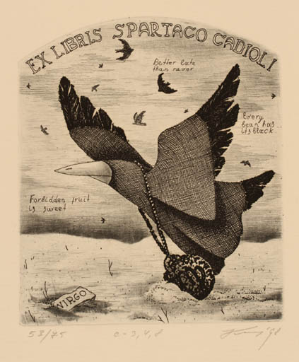 Exlibris by Andrij Kens from Ukraine for Spartaco Cadioli - Bird 