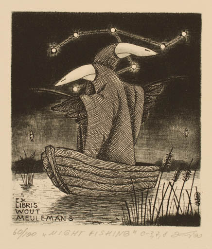 Exlibris by Andrij Kens from Ukraine for Wout Meulemans - Bird Maritime Ship/Boat 