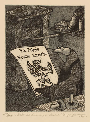 Exlibris by Andrij Kens from Ukraine for Franz Serschen - Working Book Bird Printing technique 