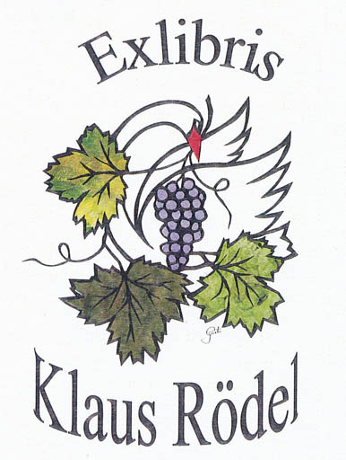 Exlibris by Greti Hansen from Denmark for Klaus Rödel - Bird Mythology Wine 