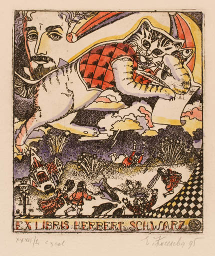 Exlibris by Jelena Kisseljowa from Russia for Herbert Schwarz - Fairytale/fable Cat 