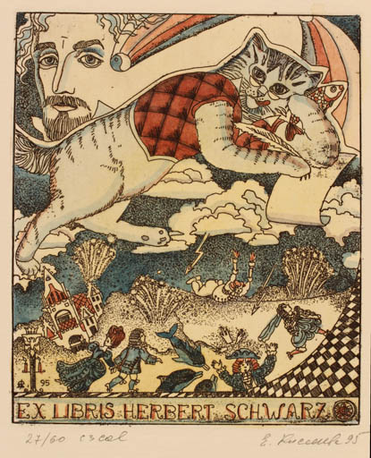 Exlibris by Jelena Kisseljowa from Russia for Herbert Schwarz - Fauna Fish Group Cat Church Cosmos Man Portrait 