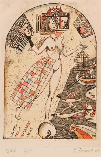 Exlibris by Jelena Kisseljowa from Russia for Corrie Walaardt Sacre - Woman Nude Surrealism 