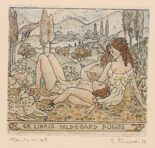 Exlibris by Jelena Kisseljowa from Russia for Hildegard Pungs - Classical antiquity Mountain Scenery/Landscape Couple Romance 