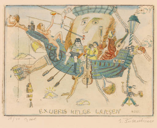 Exlibris by Jelena Kisseljowa from Russia for Helge Larsen - Music Ship/Boat Surrealism Wine 