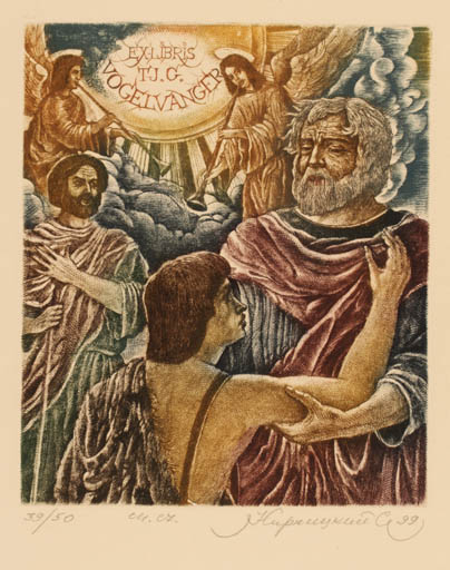 Exlibris by Sergey Kirnitsky from Ukraine for Tjalling Vogelvanger - Angel Group Man Religion 