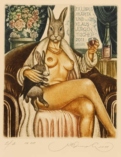 Exlibris by Sergey Kirnitsky from Ukraine for Marita & Klaus-Jürgen Tischer - Interior Fauna Woman Nude Surrealism Wine 