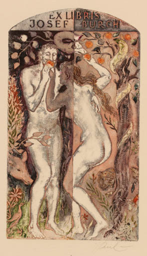 Exlibris by Antanas Kmieliauskas from Lithuania for Ing. Josef Burch - Adam and Eve 