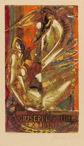 Exlibris by Antanas Kmieliauskas from Lithuania for Giuseppe Cauti - Leda and the Swan 