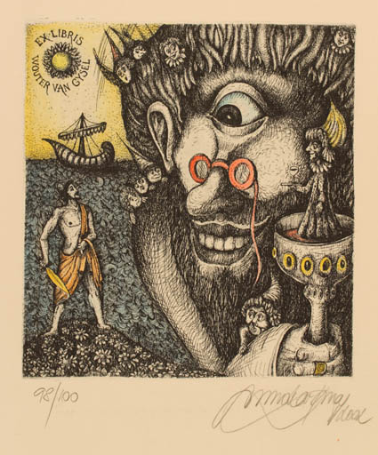 Exlibris by Miroslav Knap from Slovak Republic for Wouter Van Gysel - Classical antiquity Man Maritime Ship/Boat Wine 