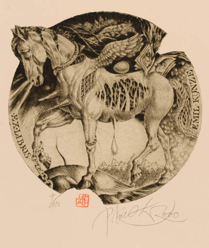 Exlibris by Peter Kocak from Slovak Republic for Dr. Emil Kunze - Horse Pegasus 