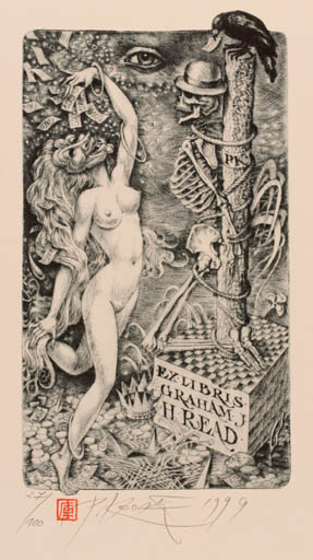 Exlibris by Peter Kocak from Slovak Republic for Graham J.H. Read - Death Bird Woman Surrealism 