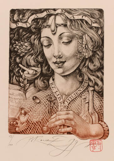 Exlibris by Peter Kocak from Slovak Republic for Ruth Jensch - Pharmacy Woman Portrait 