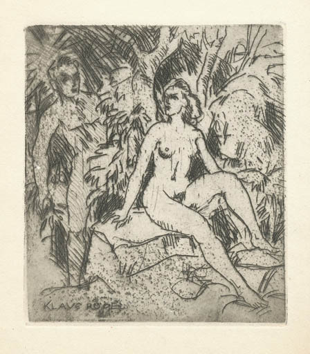 Exlibris by Rudolf Koch from Germany for Klaus Rödel - Woman Literature Nude Couple 