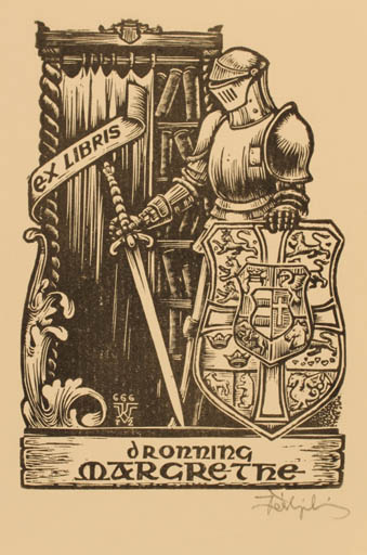 Exlibris by Kàroly Vàroknyi from Hungary for Danmark Dronning Margrethe II - Book Heraldry Regent/royalty Knight 