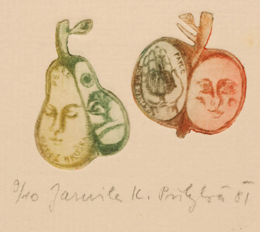 Exlibris by Jarmila Kudrnová-Pribylová from Czechoslovakia for ? ? - Fruit Portrait Tree Hand(s) 