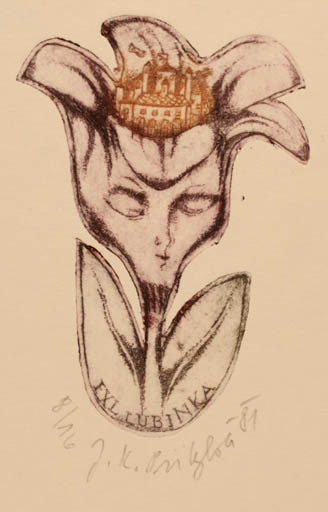 Exlibris by Jarmila Kudrnová-Pribylová from Czechoslovakia for ? Lubinka - Architecture Flower Woman Portrait 