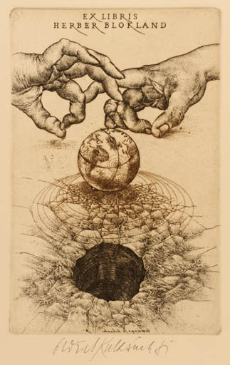 Exlibris by Oldrich Kulhánek from Czech Republic for Herber Blokland - Globe Hand(s) Surrealism 