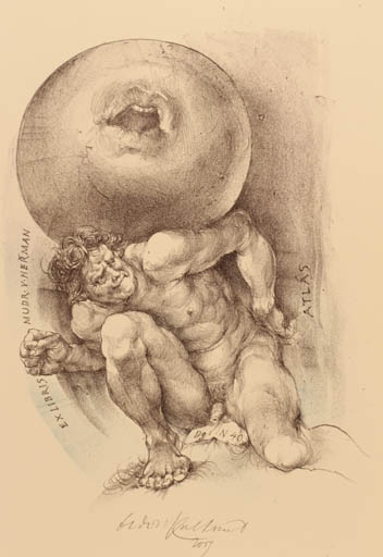 Exlibris by Oldrich Kulhánek from Czech Republic for Dr. Vaclav Herman - Globe Man Mythology Nude 