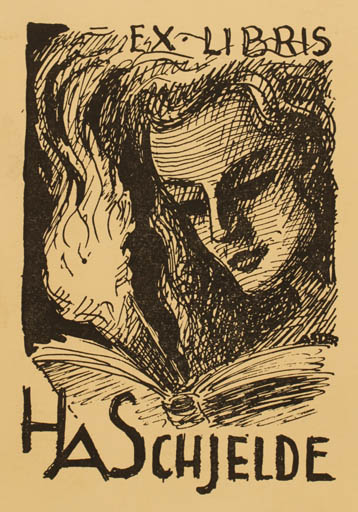 Exlibris by F. Aster from Denmark for H.A. Schjelde - Book Woman Portrait 