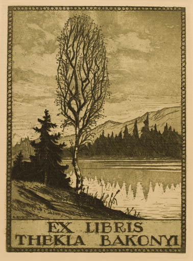 Exlibris by Adolf Kunst from Germany for Thekla Bakonyi - Mountain Scenery/Landscape Tree 