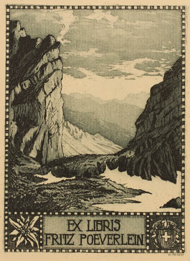 Exlibris by Adolf Kunst from Germany for Fritz Poeverlein - Mountain Scenery/Landscape 