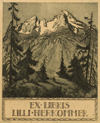 Exlibris by Adolf Kunst from Germany for Lilli Herkommer - Mountain Scenery/Landscape Tree 