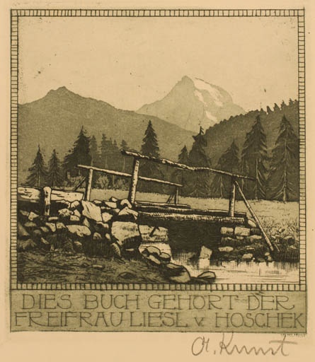 Exlibris by Adolf Kunst from Germany for Freifrau  Liesl Hoschek - Mountain Scenery/Landscape 