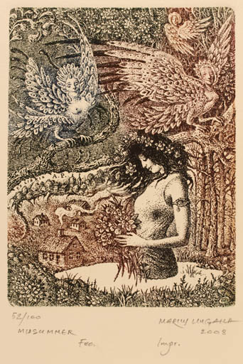 Exlibris by Marius Liugaila from Lithuania for ? A.P - Architecture Flower Fable Animal Flora Woman 