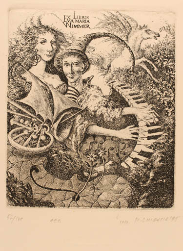 Exlibris by Marius Liugaila from Lithuania for Eva Maria Wimmer - Fairytale/fable Music Couple Pegasus 