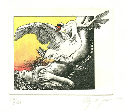 Exlibris by Elly de Koster from Netherland for Klaus Rödel - Erotica Leda and the Swan Mythology 