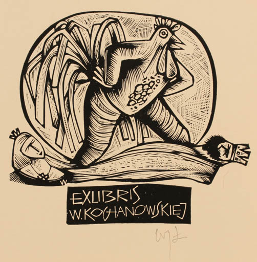 Exlibris by Wojciech Luczak from Poland for W. Kogianowskiej - Bird Couple 