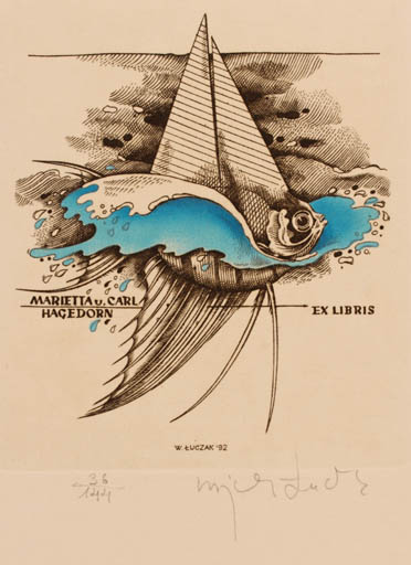 Exlibris by Wojciech Luczak from Poland for Carl Wilhelm & Marietta Hagedorn - Fish Ship/Boat 