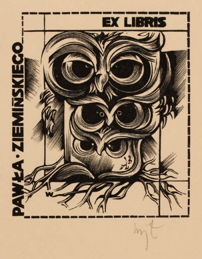 Exlibris by Wojciech Luczak from Poland for Pawla Zieminskiego - Owl 