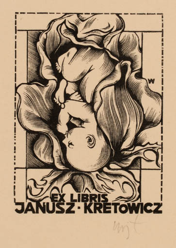 Exlibris by Wojciech Luczak from Poland for Janucz Kretowicz - Child Flower 