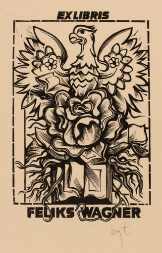 Exlibris by Wojciech Luczak from Poland for Feliks Wagner - Flower Book Bird Phoenix 