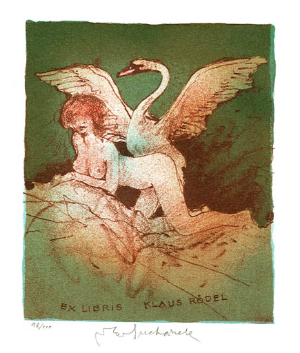 Exlibris by Vladimir Suchanek from Czechoslovakia for Klaus Rödel - Erotica Leda and the Swan Mythology 