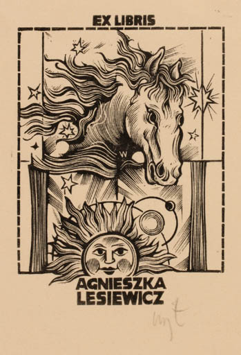 Exlibris by Wojciech Luczak from Poland for Agnieszka Lesiewicz - Horse Cosmos Sun 