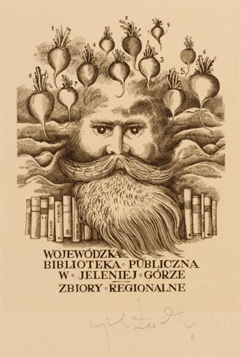 Exlibris by Wojciech Luczak from Poland for W. Jeleniej Biblioteka Publiczna - Book Fruit Man Portrait 