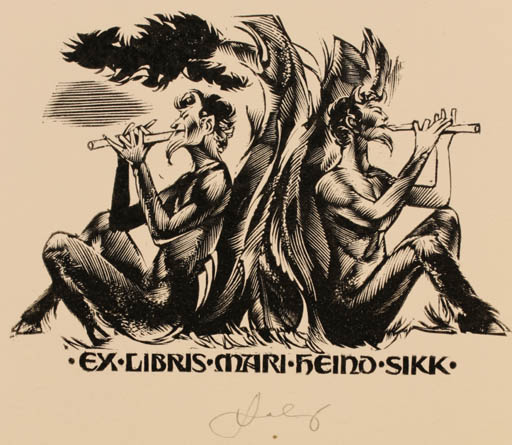 Exlibris by Lembit Löhmus from Estonia for Maria + Heino Sikk - Fable Animal Music Pan/Faun 