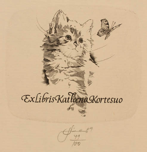 Exlibris by Lembit Löhmus from Estonia for Katleena Kortesuo - Cat Butterfly 