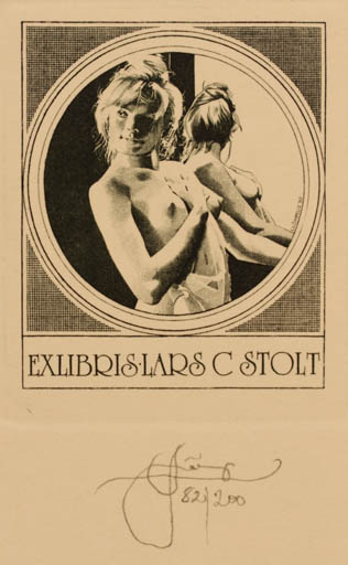 Exlibris by Lembit Löhmus from Estonia for Lars C. Stolt - Woman Nude Portrait 