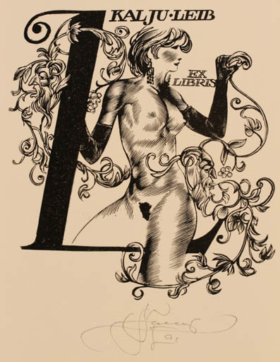 Exlibris by Lembit Löhmus from Estonia for Kalju Leib - Woman Nude 