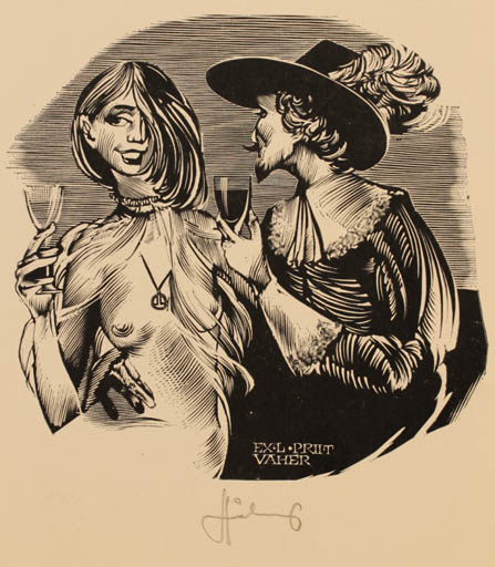 Exlibris by Lembit Löhmus from Estonia for Priit Vaher - Couple Wine 