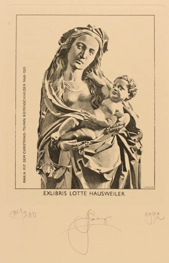 Exlibris by Lembit Löhmus from Estonia for Lotte Hausweiler - Child Madonna Religion 