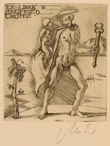 Exlibris by Arpad Müller from Hungary for Siegfried Choitz - Child Mountain Man Nude Wine 