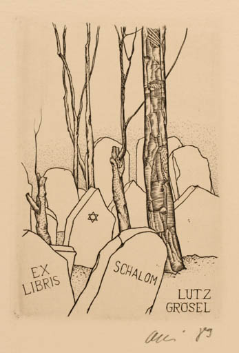 Exlibris by Detlef Olschewski from Germany for Lutz Grösel - Death Religion Tree 