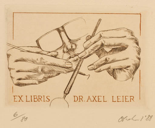 Exlibris by Detlef Olschewski from Germany for Dr. Axel Leier - Hand(s) Medicine 